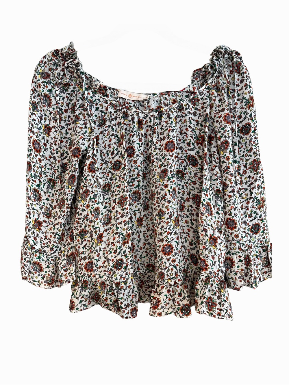 Tory Burch Marianne Ivory Silk Floral Ruffle Peasant Blouse Top 4